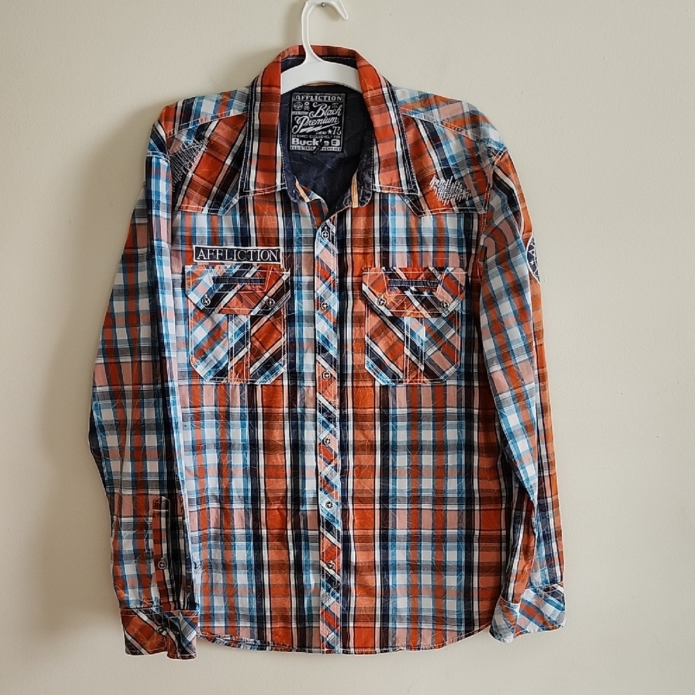 Affliction Black Premium Casual Button Down Shirt Orange Blue Plaid Mens 2XL